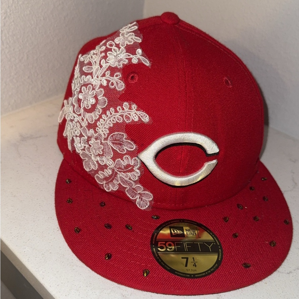New Era Red Cap with White Floral Design